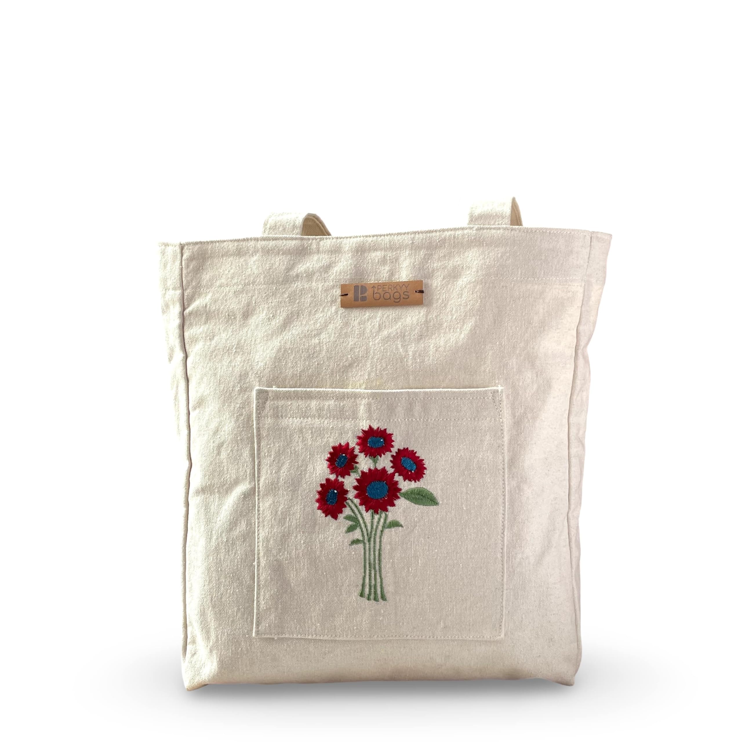 Perkyy Bags Canvas Tote with Embroidered Red Flowers, Organic Cotton, Stylish Reusable Floral Shoulder Bag for Shopping, Travel, and Daily Use