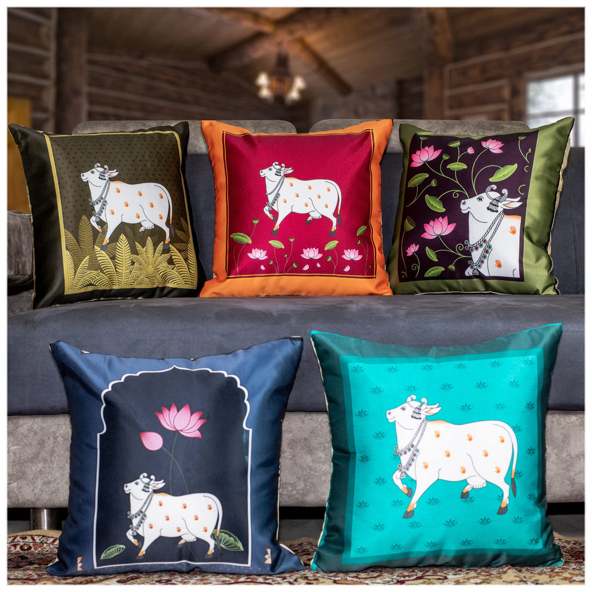 Vendola Decorative Satin Sofa Cushion Covers Set of 5, 24 Inch x 24 Inch, Sofa Pillow Cover, Ethnic Festive Cow Pichwai, Multicolor, Rajasthani Design Zipper Closure (Cattle, 24X24 Inches)