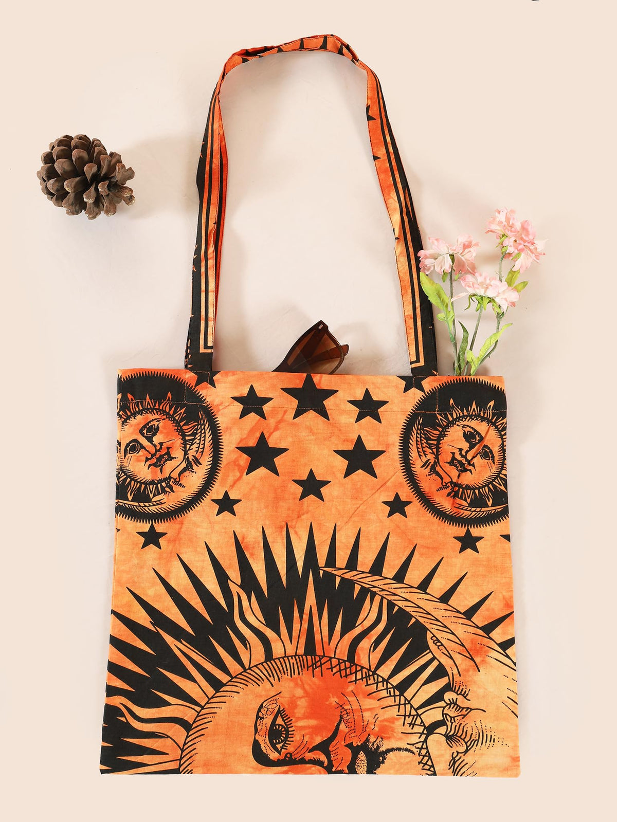 Ravaiyaa - Attitude is everything Cotton Shoulder Bag/Tote Bag For Women| Printed Multipurpose Handbag With Top Zip | Best For Shopping, Travel, Work, Beach, Office, College (Orange Sun & Moon)
