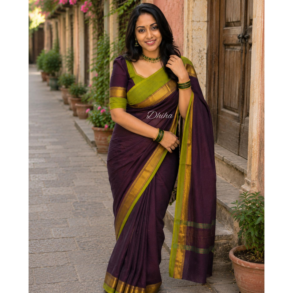 DHIHA Chettinad Cotton Saree for Women | Pure Kanchi Cotton Double Border Saree with Running Blouse | Zari Big Border & Tassels | Handloom Weave (Coffee Brown Trisha Inspired)