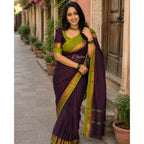 DHIHA Chettinad Cotton Saree for Women | Pure Kanchi Cotton Double Border Saree with Running Blouse | Zari Big Border & Tassels | Handloom Weave (Coffee Brown Trisha Inspired)