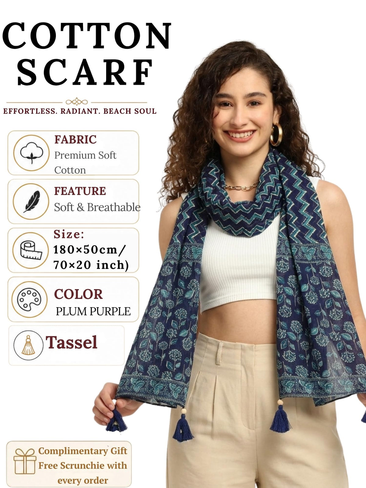 GALE GIRLS Cotton Scarf For Women Stylish|Beach Tassel Printed Scarf|Multicolor|Easily fits 180 * 50cm|70x20 Inch