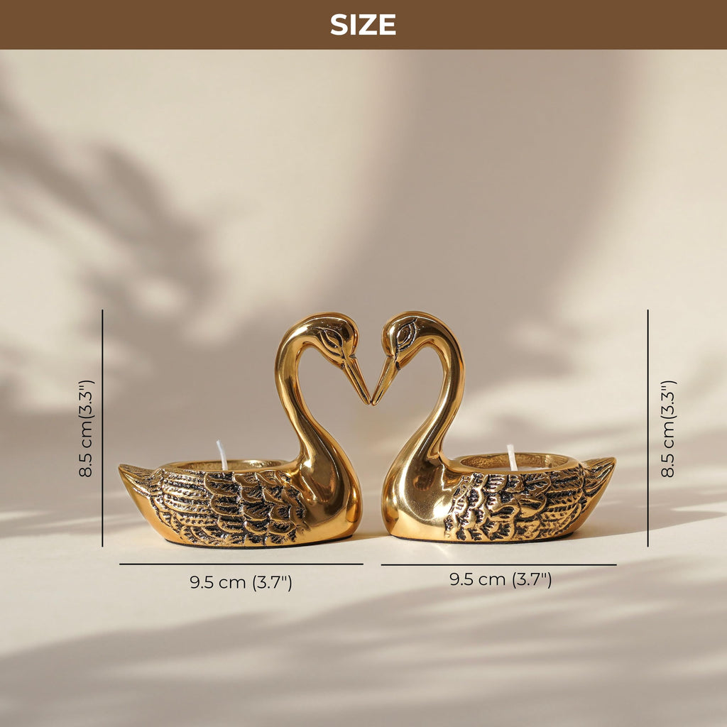 BEHOMA Metal Pair of Love Swans with 2 Tea Lights, Golden