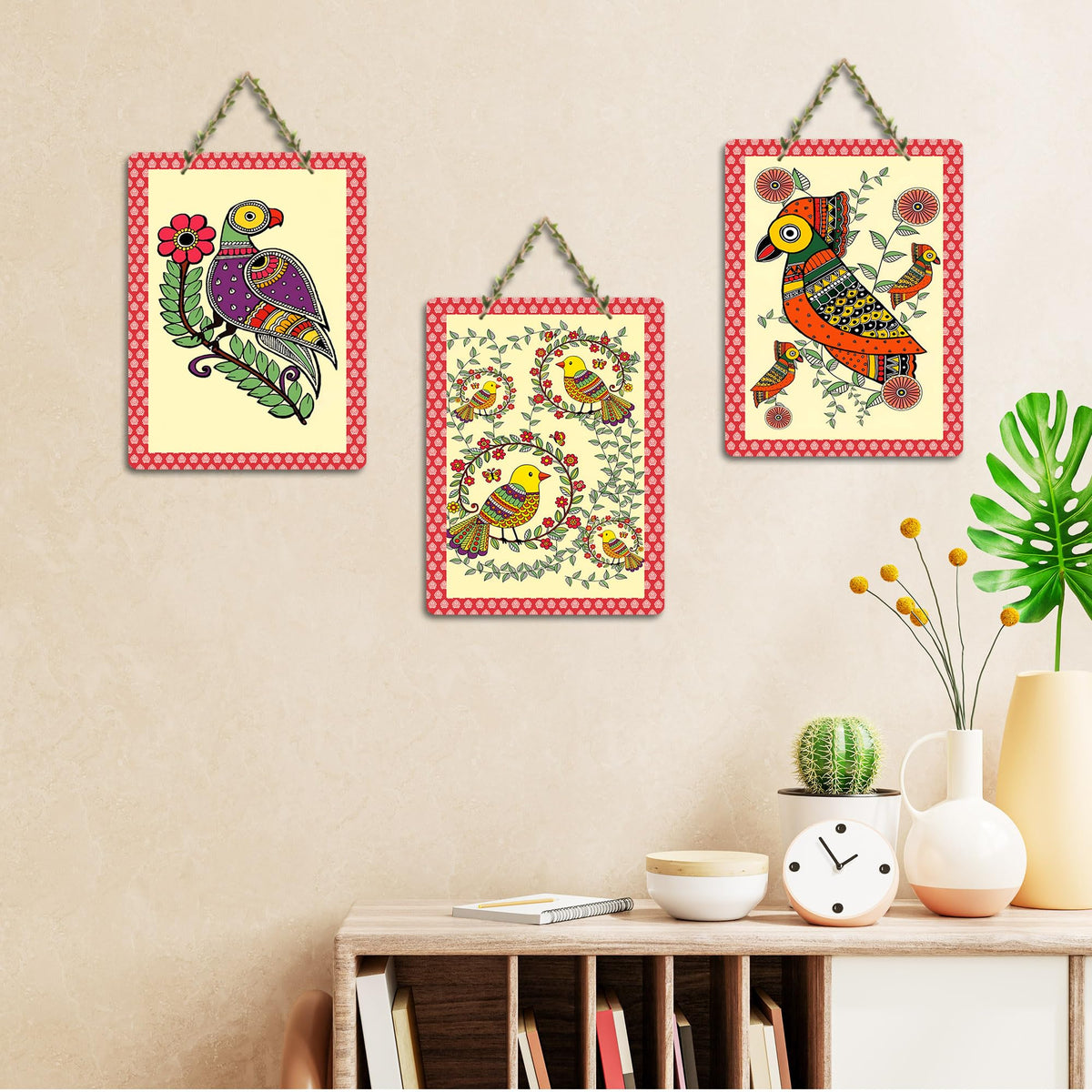 Artvibes Birds on Branch Madhubani Art Wooden Art Decoration Item for Home | Garden Balcony| Stylish Modern Decoration Item | Festive Decor | Wall Illustrations | Gift Items (WH_96179N), Set of 3