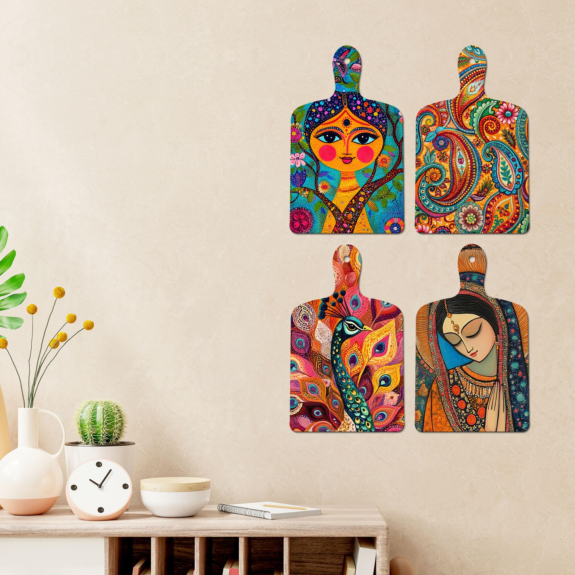 Artvibes Beautiful Women & Peacock Colorful Madhubani Art Wooden Art Decoration Item for Living Room | Office | Cafe | Aesthetic Wooden Decor | Graphic Artwork | Ideal Gifts (WH_5636N), Set of 4
