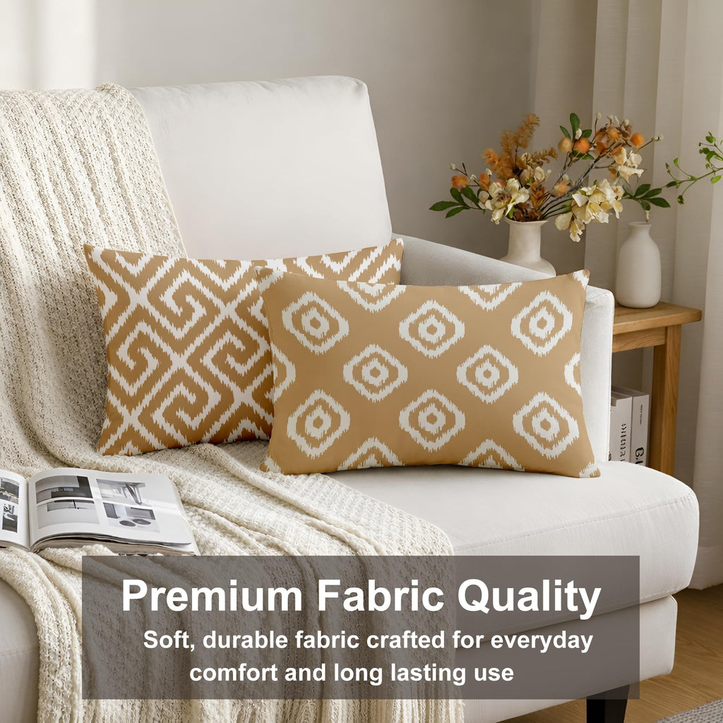 STITCHNEST Set of 2 Polycotton Cushion Covers – 12x18 Inches – Beige & White Ikat Geometric Print – Elegant Cushion Covers for Sofa & Living Room | Perfect for Home Decor