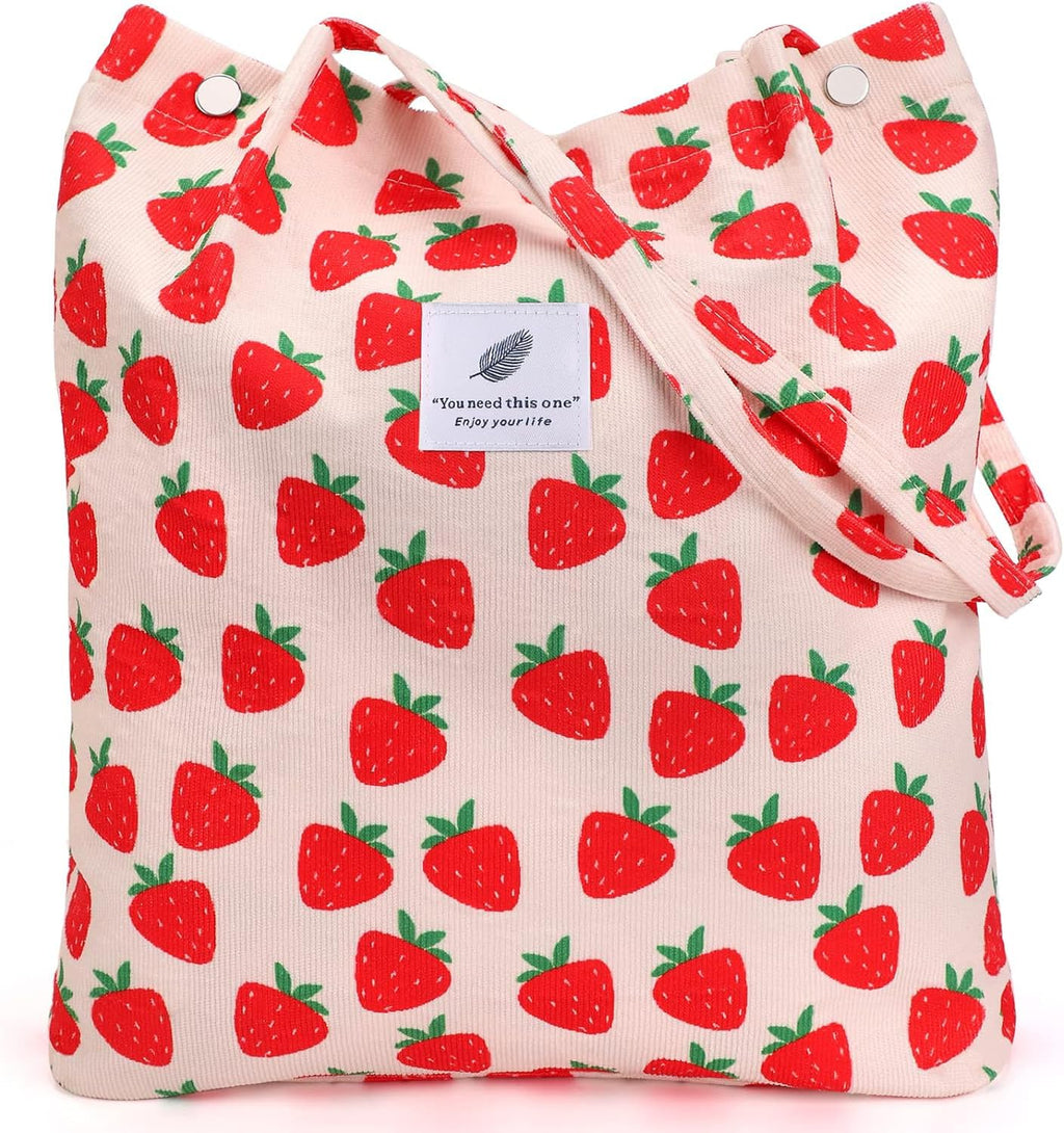 Street27 Women's Korean Canvas Corduroy Tote Bag Casual Work Shoulder Handbags | Multi-Purpose Bag |Sturdy Canvas Bag with Large Capacity | Shopping Bag for Office, College & Daily Use (Strawberry)