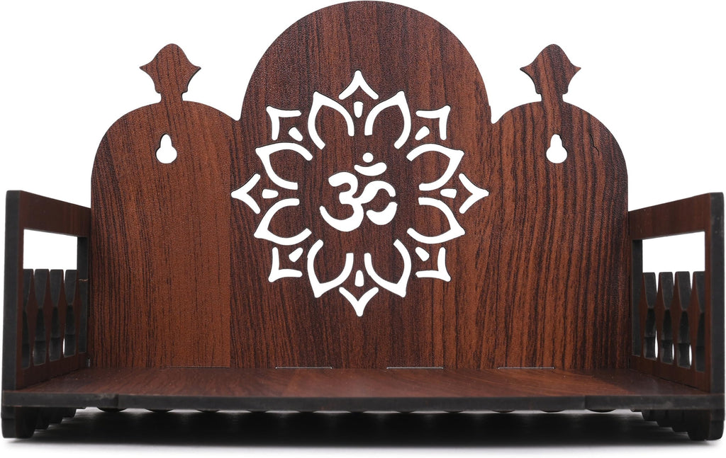 GOJEEVA KRAFT Engineered Wood Hand Crafted Carved Pattern Home Temple for Idols Temple for Home and Office I OM DEVGHAR Carved | Set Top Box Stand I Wooden Mandir (Pack of 1) (Medium)