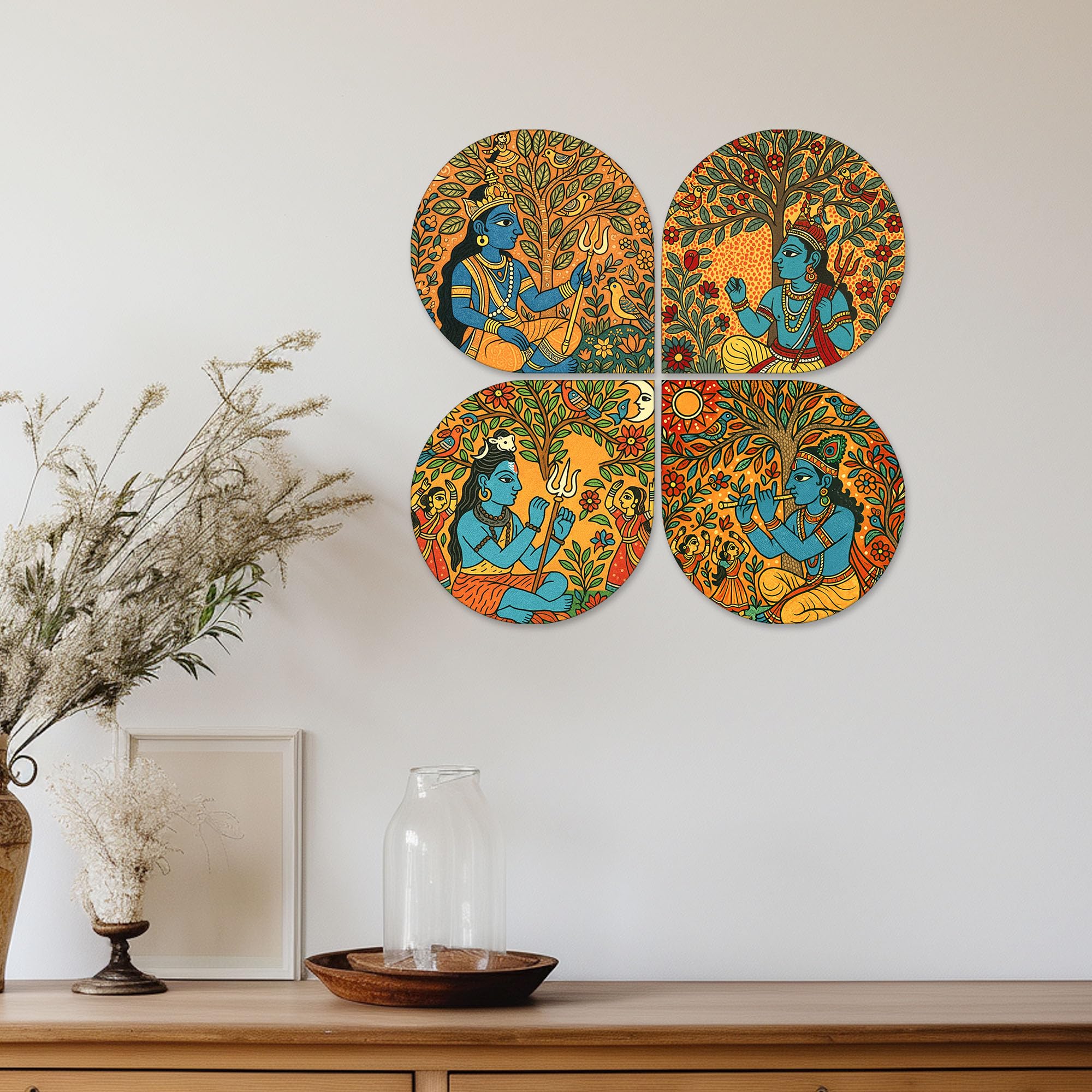 Artvibes Indian God Madhubani Art Decorative Wall Art MDF Wooden Wall Hanger for Home | Living Room | Scenery For Drawing Room | Wall Poster | Artworks Hangings | Unique Gift (WH_8450N), Set of 4