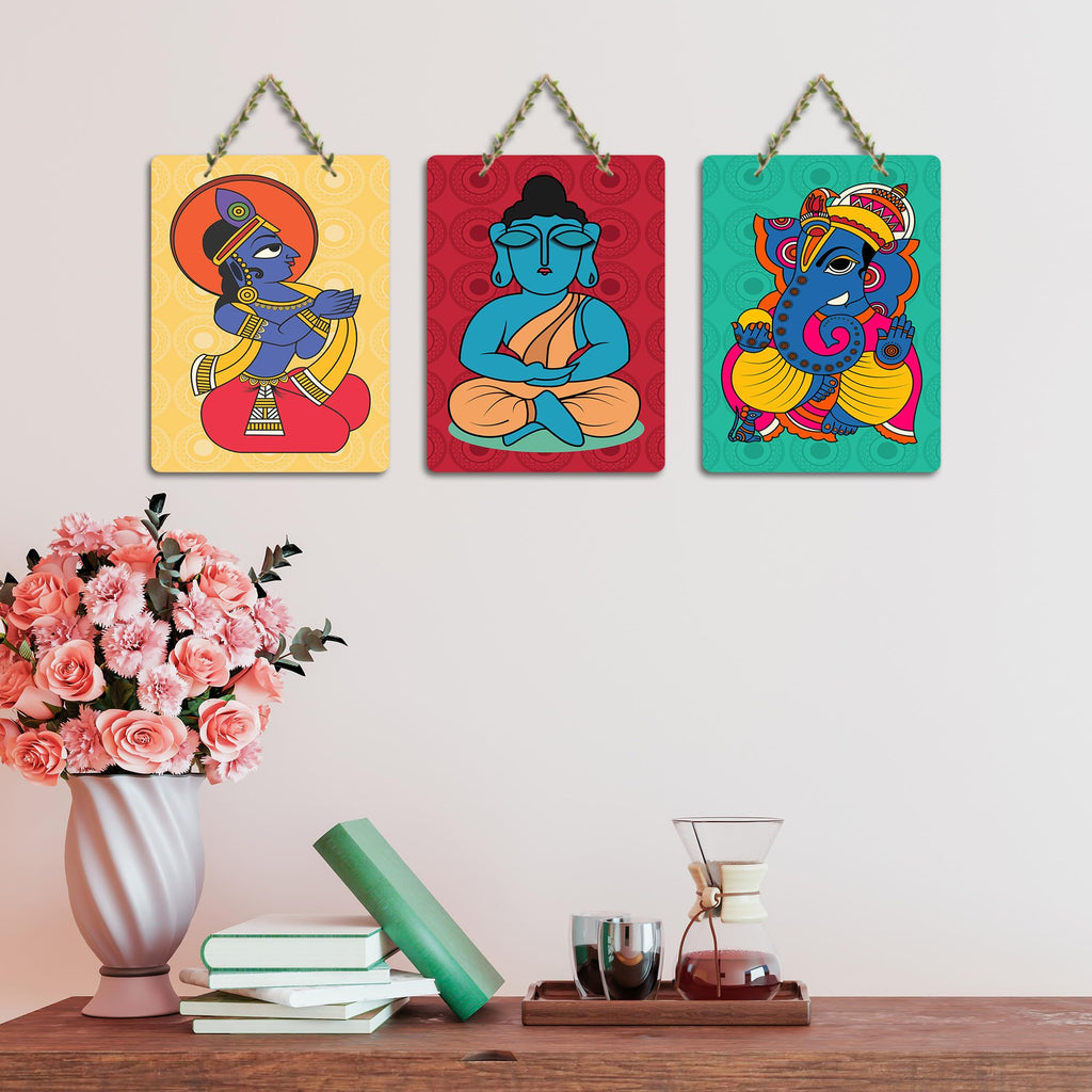 Artvibes Buddha, Krishna & Ganesh Modern Art Wooden Art Decoration Item for Living Room | Religious Decor | Graphic Artwork | Aesthetic Wooden Decor | Ethnic Decor | Ideal Gifts (WH_96158N), Set of 3
