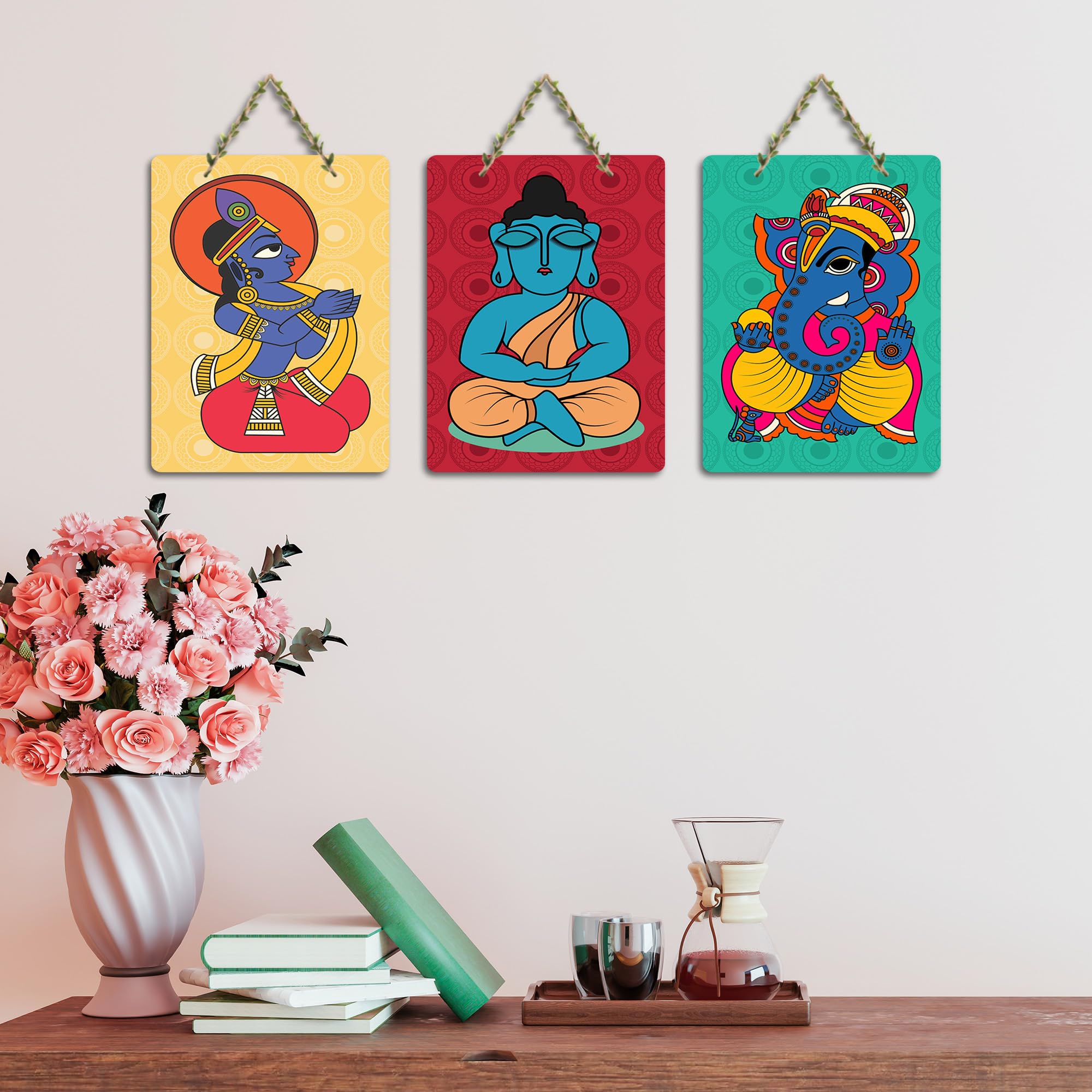 Artvibes Buddha, Krishna & Ganesh Modern Art Wooden Art Decoration Item for Living Room | Religious Decor | Graphic Artwork | Aesthetic Wooden Decor | Ethnic Decor | Ideal Gifts (WH_96158N), Set of 3