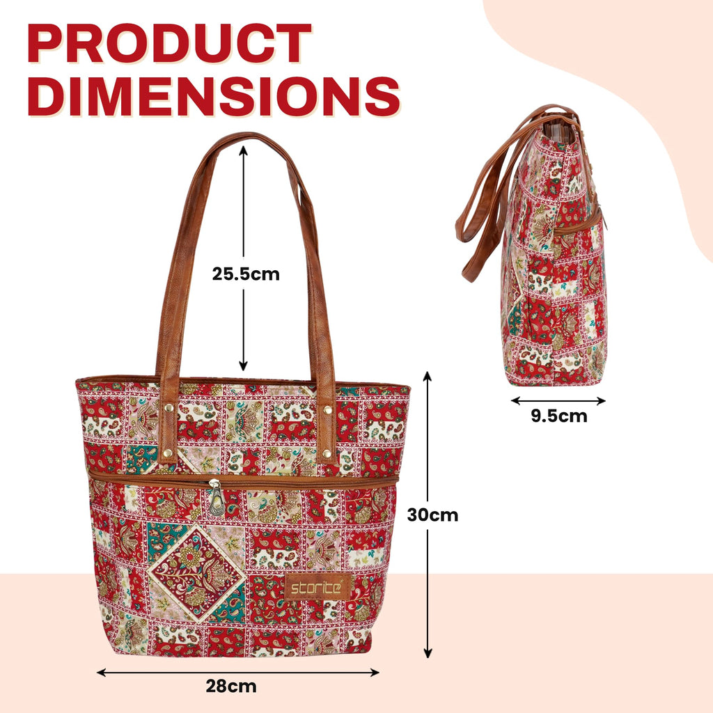 Storite Women's Tote Bag with Leather Handles & Embroidery Printed Handbag with Zip Pockets, Shoulder Tote Bag and Handbag for Office and College - (30x28x9.5 cm, Red)