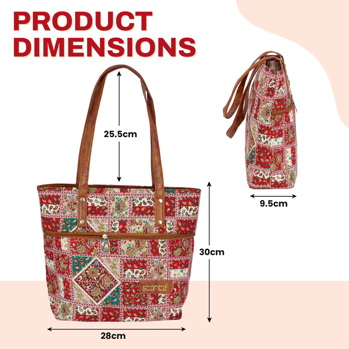 Storite Women's Tote Bag with Leather Handles & Embroidery Printed Handbag with Zip Pockets, Shoulder Tote Bag and Handbag for Office and College - (30x28x9.5 cm, Red)