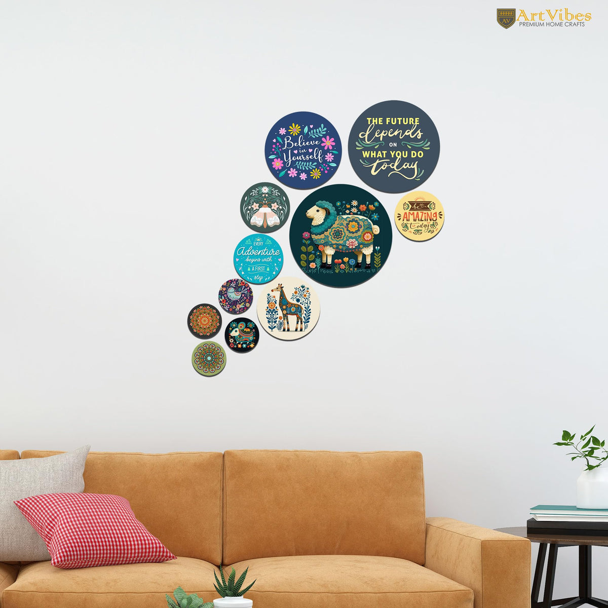 Artvibes The Future Depends On What You Do Today Round Shape MDF Wooden Wall Decor Items | Motivational Wall Decor | Wall Accent | Gift Items | Office Wall Decoration Items (WPS_146N), Set of 11