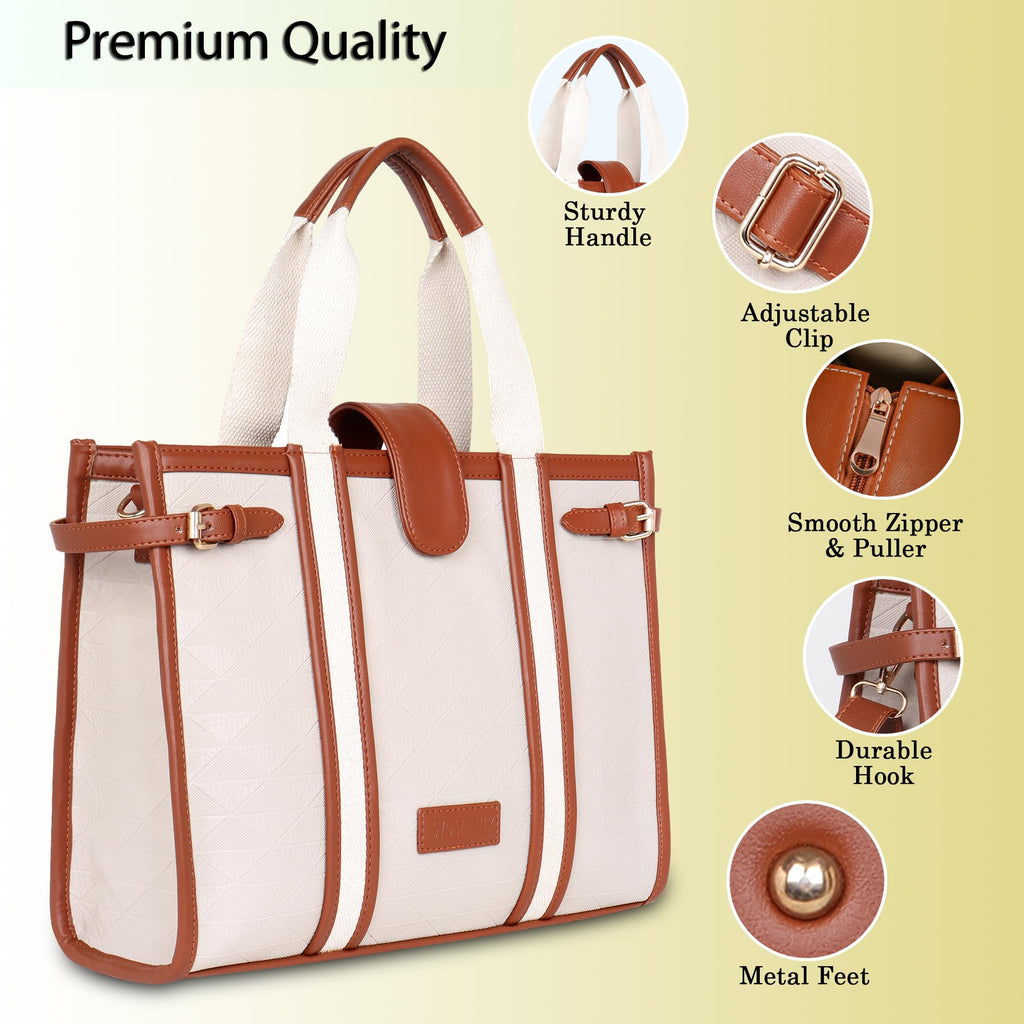 Womanix PU Laptop Tote Bags for Women,Work Bag,15 inch tote for Women, Large Capacity Handbag for Office, School, Travel, Teacher Purse, Marketing (Beige Black)