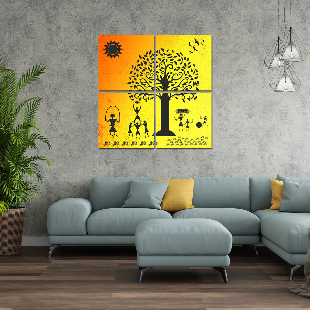 VIBECRAFTS Beautiful Warli Art Village 4 Pieces Canvas Wall Hanging Painting Fitted With Wooden Frame For Home | Office | Living Room | Gifts (PTVC4Pcs5_16603)