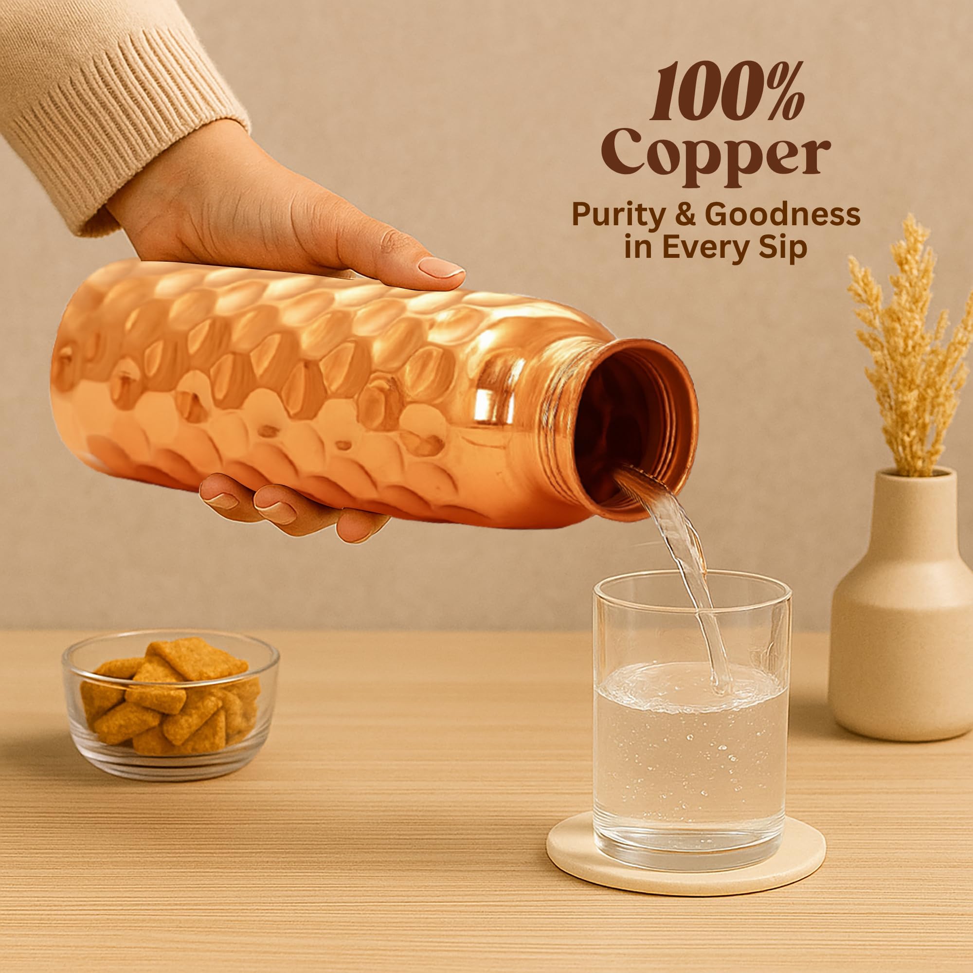Metallix Copper Water Bottle 1 Ltr | Copper Bottle for Men & Women | 100% Pure Copper | BPA Free & Leak Proof | Easy to Carry | Suitable for Yoga, School & Office (Daimond Hammered)