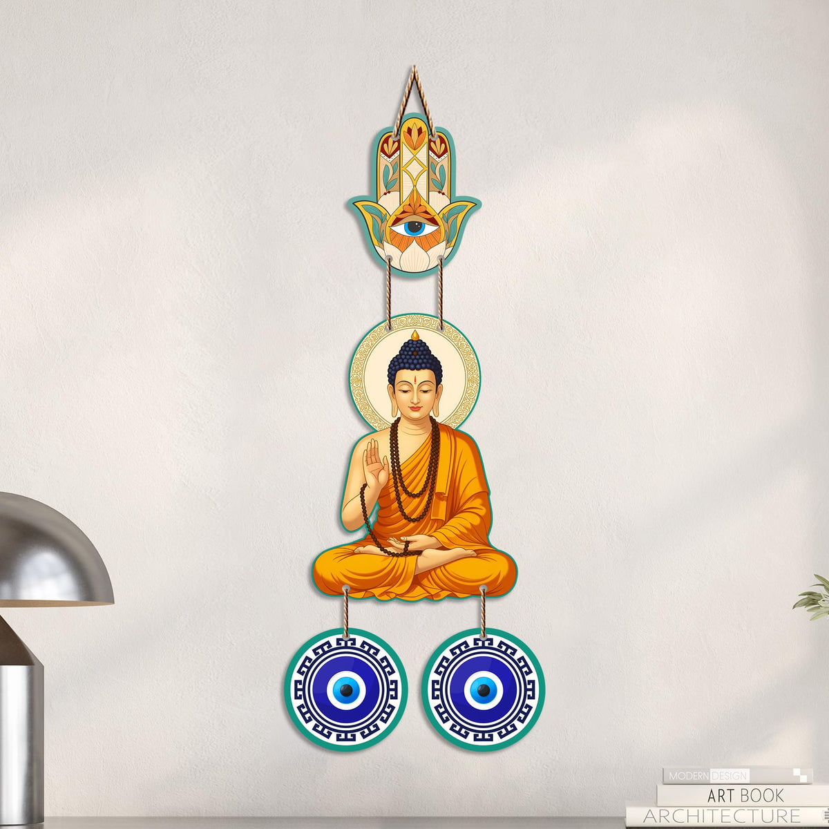 Artvibes Buddha Blessing Wall Hanging with Hamsa Hand & Evil Eye Accents | Decorative Spiritual Hanging for Home Protection | Wooden Decor for Entrance | Positive Energy Wall Art (WH_85102N)