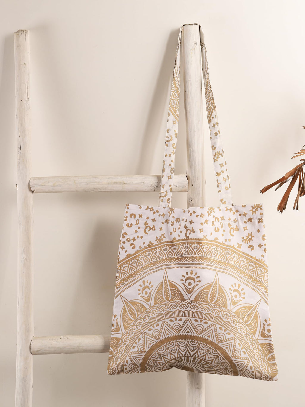 Ravaiyaa - Attitude is everything Cotton Shoulder Bag/Tote Bag For Women| Printed Multipurpose Handbag With Top Zip | Best For Shopping, Travel, Work, Beach, Office, College (White Gold Ombre Mandala)