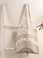 Ravaiyaa - Attitude is everything Cotton Shoulder Bag/Tote Bag For Women| Printed Multipurpose Handbag With Top Zip | Best For Shopping, Travel, Work, Beach, Office, College (White Gold Ombre Mandala)