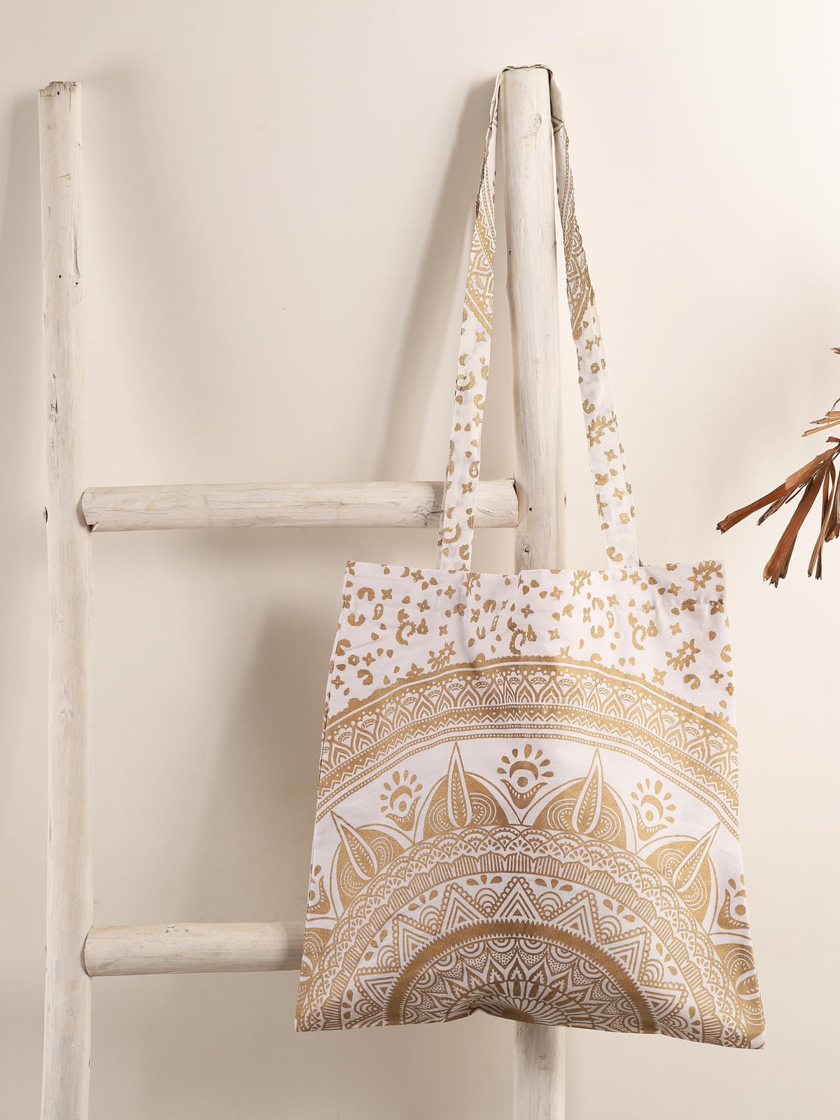 Ravaiyaa - Attitude is everything Cotton Shoulder Bag/Tote Bag For Women| Printed Multipurpose Handbag With Top Zip | Best For Shopping, Travel, Work, Beach, Office, College (White Gold Ombre Mandala)