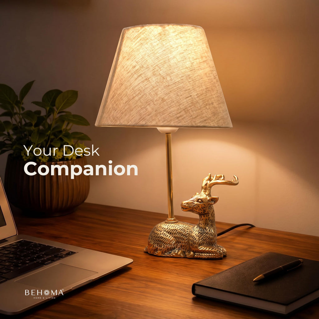 BEHOMA Deer Table Lamp with Antique Metal Base & Fabric Shade