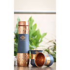 Indian Art Villa Copper Drinkware in Grey Silk Finish, Set of 2 Glass and 1 Bottle, Volume - Glass 300 ML, Bottle 1000 ML