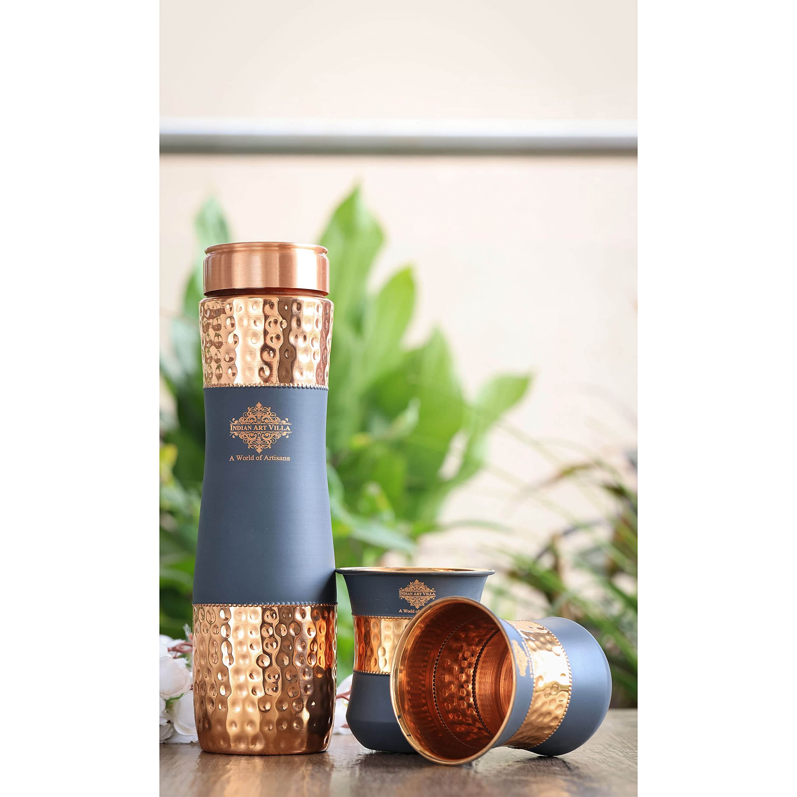 Indian Art Villa Copper Drinkware in Grey Silk Finish, Set of 2 Glass and 1 Bottle, Volume - Glass 300 ML, Bottle 1000 ML