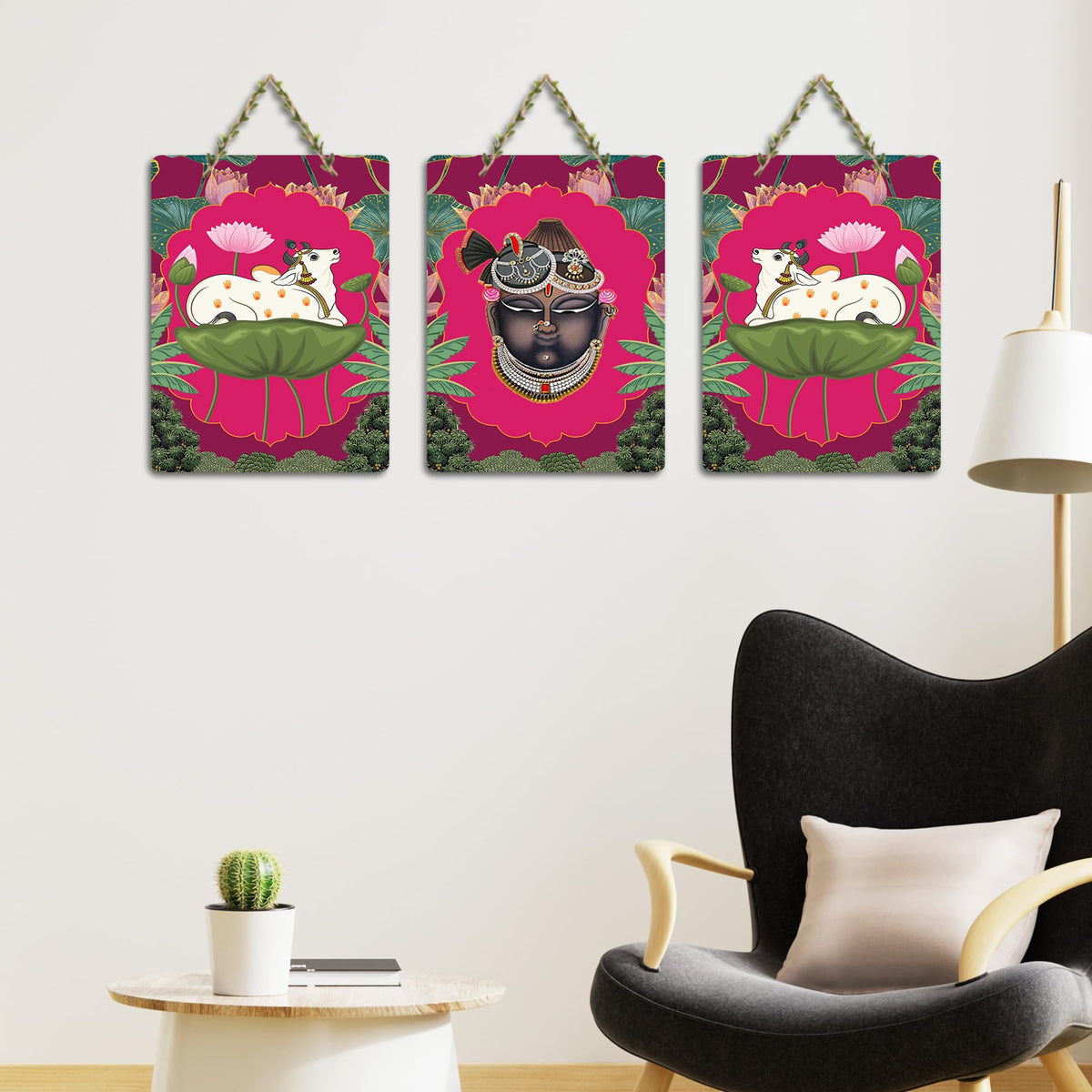 Artvibes Shrinath Ji & Cow Pichwai Art Decorative Wall Art MDF Wooden Wall Hanger for Living Room | Wall Accent | Sceneries | Wall Art Print | Graphic Artwork | Unique Gift Items (WH_96178N), Set of 3