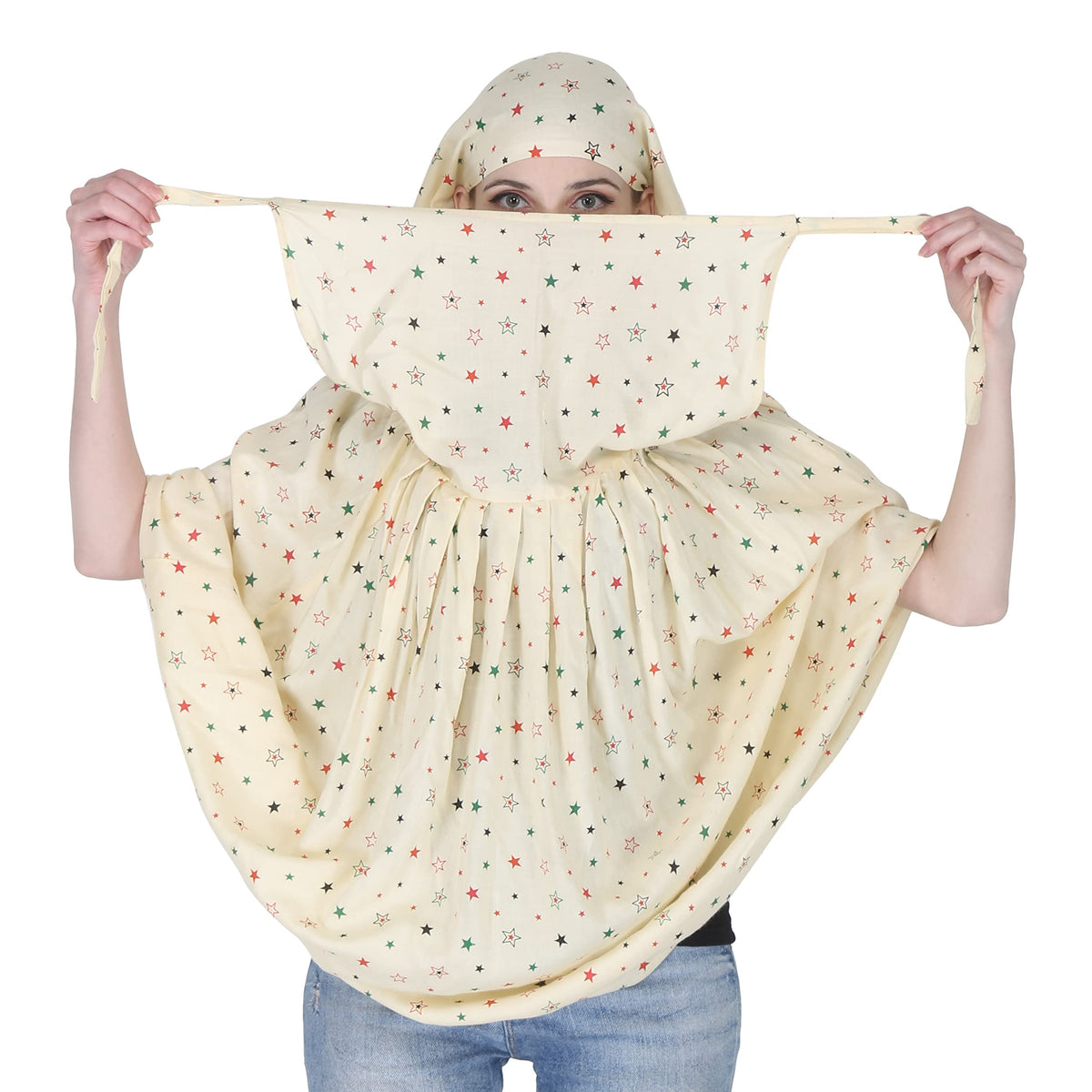 7 season's Cotton Long Scarf Cum Mask Universal Size Usable For Vehicle Driver For Sunlight UV Protection White Printed Design (Yellow Star - L) For Female