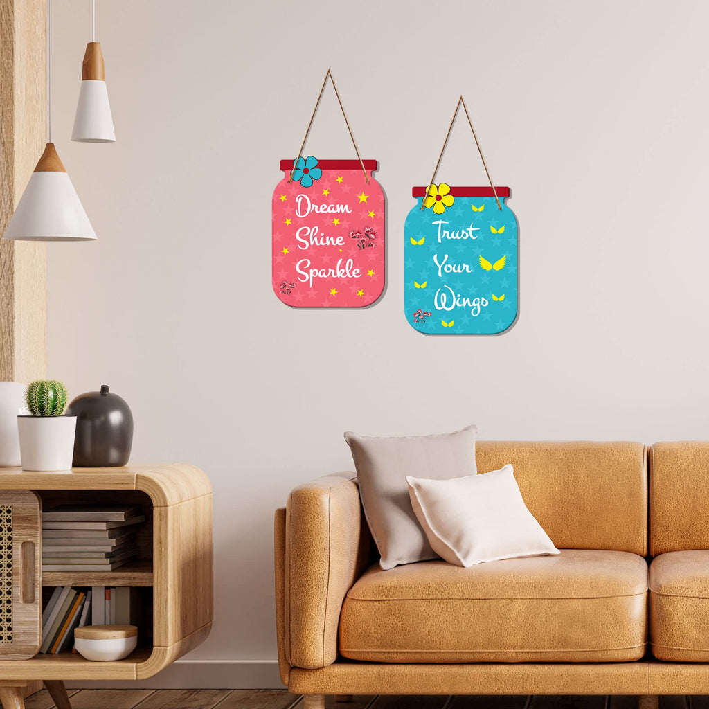Artvibes Dream Shine Sparkle Quote Printed Wooden Wall Hanging | Quotes Decor Item | Motivational Wall Decor | Wall Poster | Graphic Art | Gift Items | Office Wall Decoration Item (WH_6804N), Set of 2