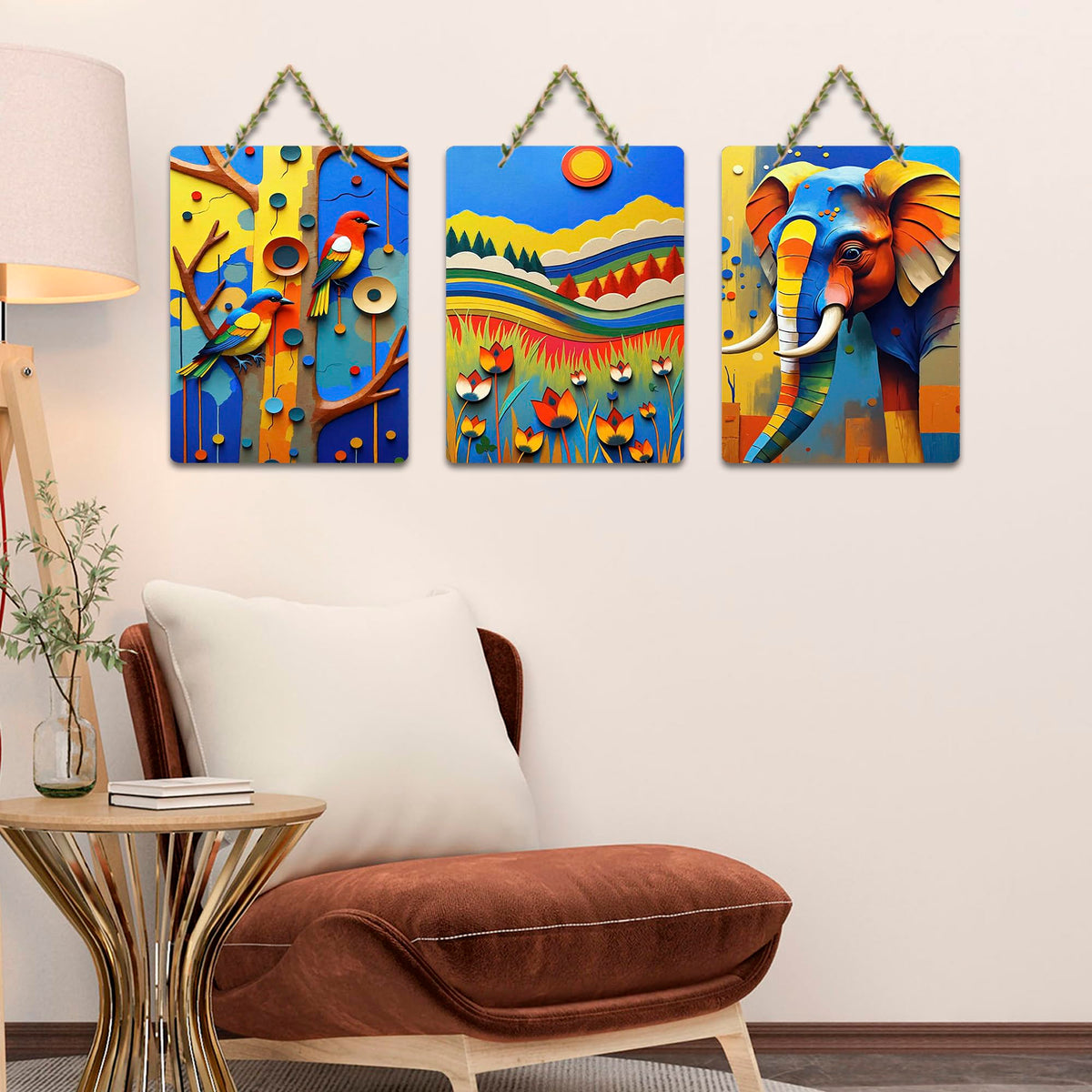 Artvibes Modern Abstract Art Wooden Wall Hanging for Home Decor | Living Room | Trendy Decor | Modern Art Paintings | Wall Poster | Wall Accents | Artworks Hangings | Ideal Gifts (WH_9697N), Set of 3