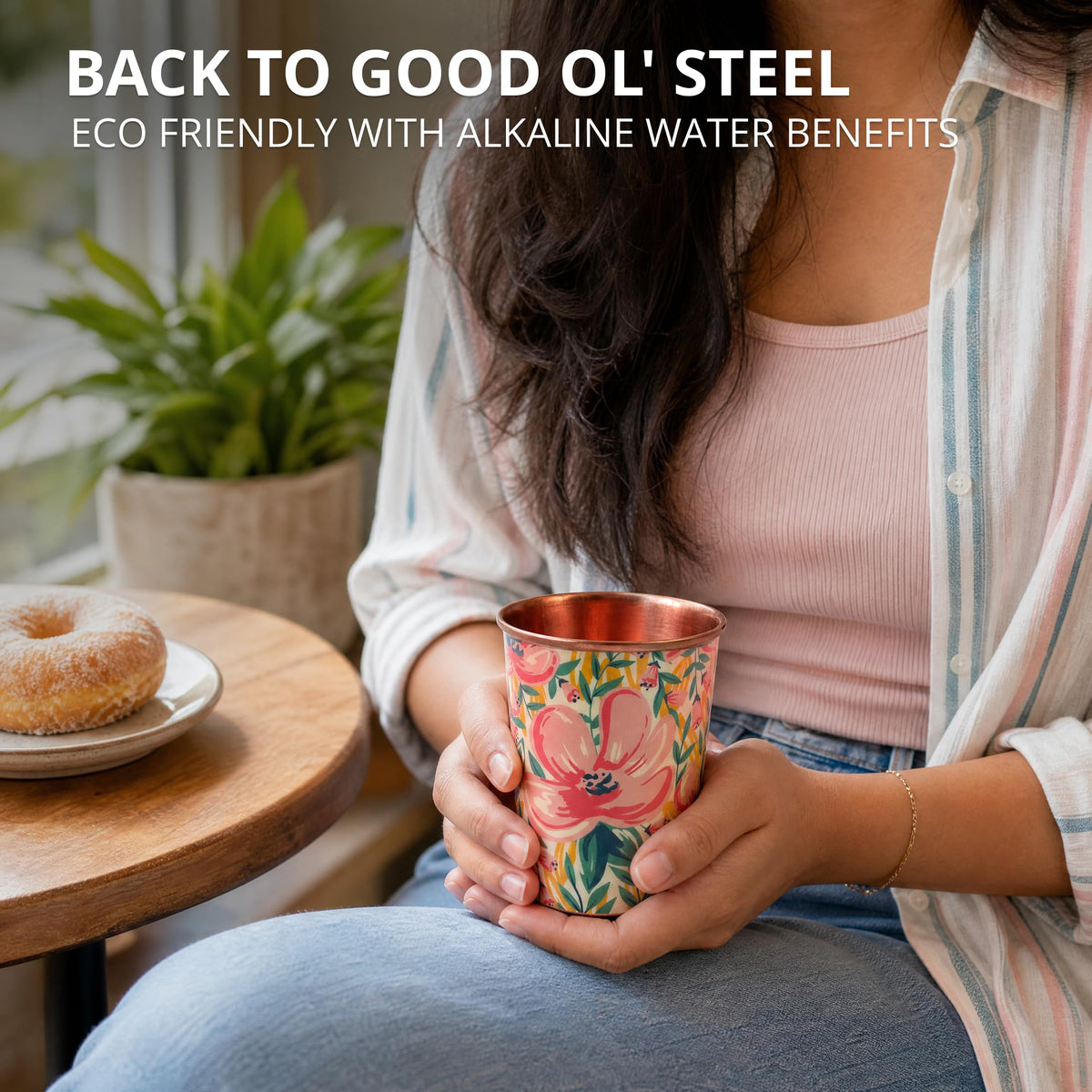 Chumbak Tropical Lilies Copper Tumbler – Small, 275ml Capacity, Hand-Painted Floral Design, Pure Copper Drinkware, Corrosion-Resistant, Ideal for Water Storage & Home Décor Gift