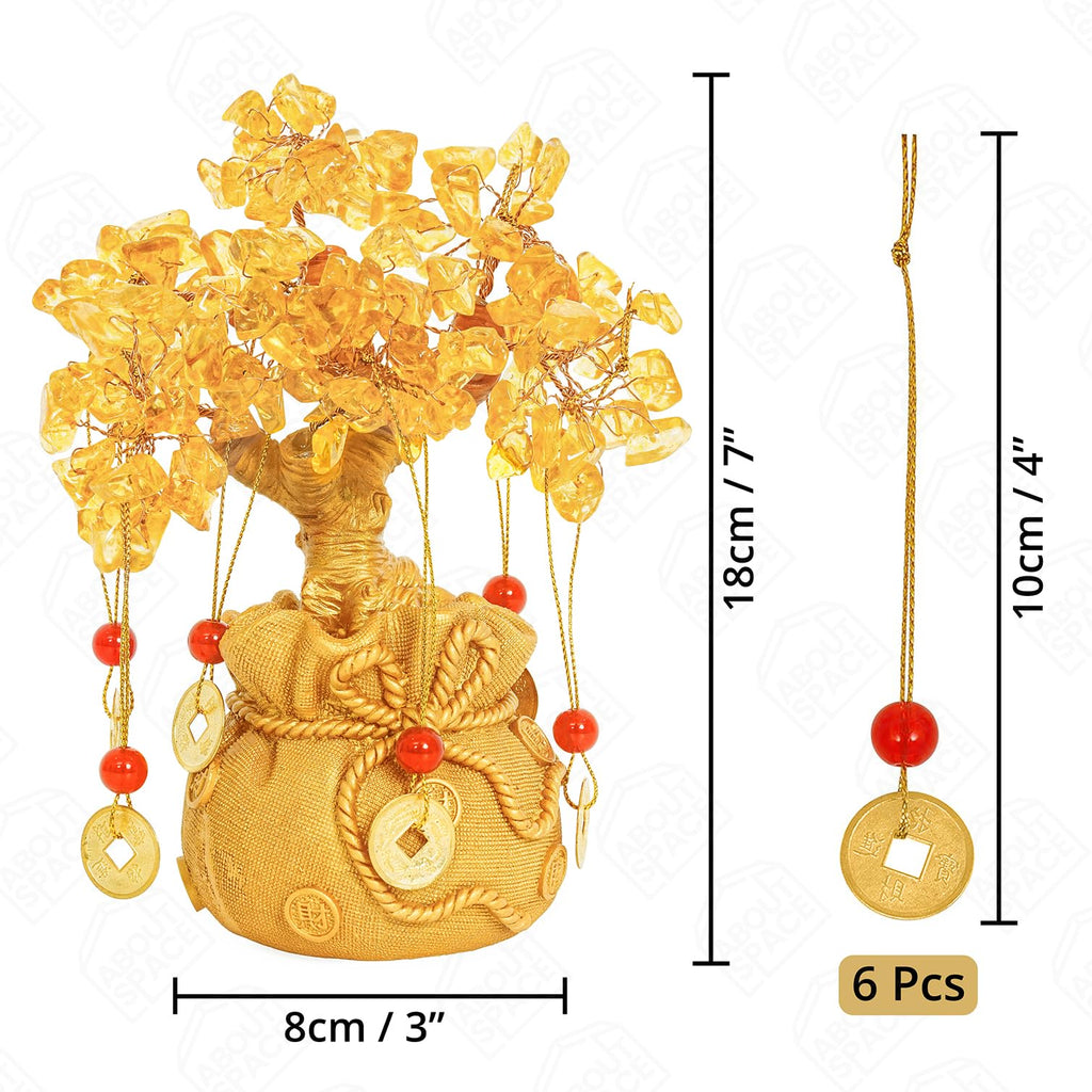 ABOUT SPACE Lucky Feng Shui Citrine Tree of Life Bonsai - Gold Crystal Ornaments with 6 Hanging Coin Charms for Health, Wealth and Happiness - Table Decor, Living Room, Office (7 x 3 inch)