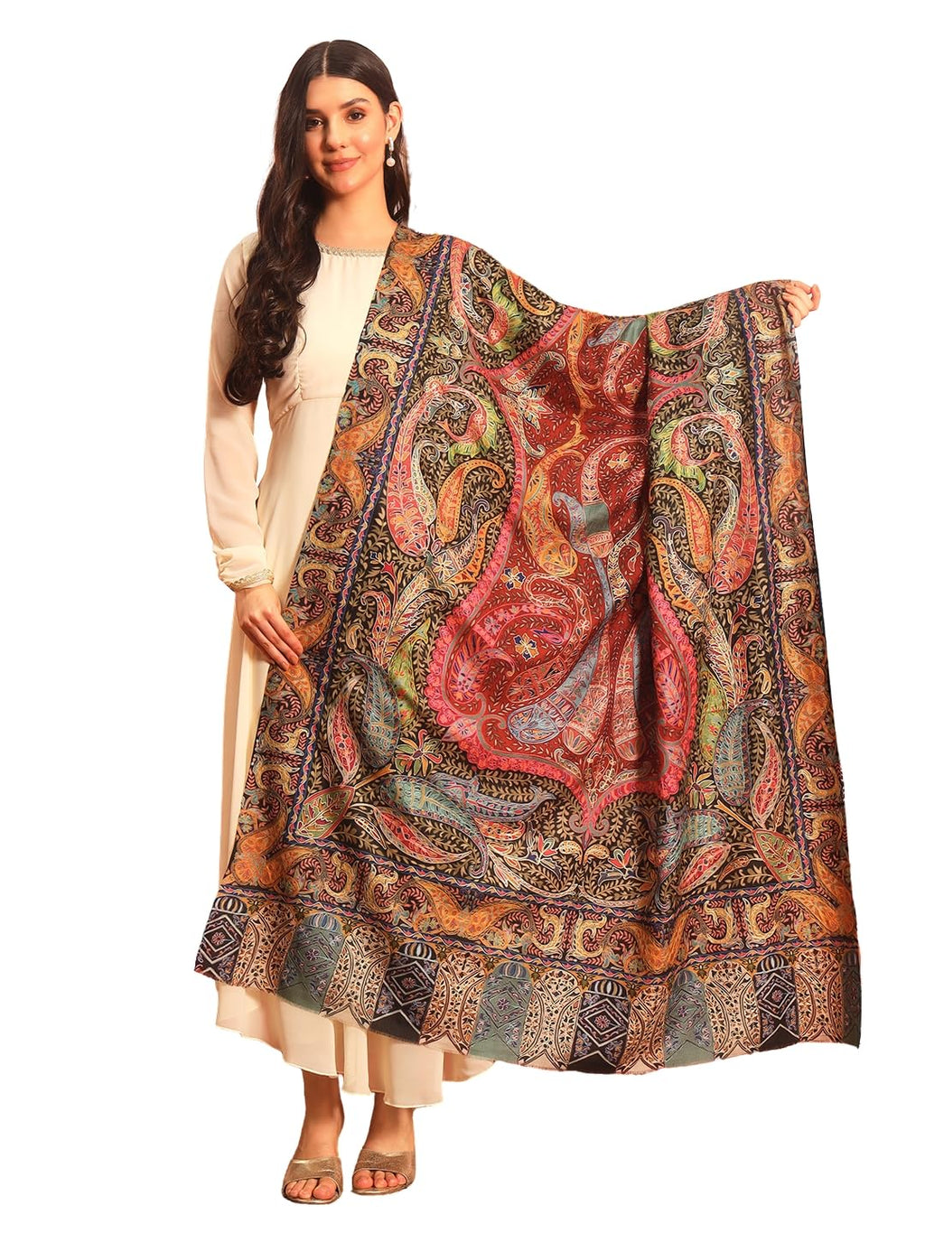 Pashmoda Women Daastaan Fine Wool Fabric Pashmina Kalamkari Embroidered Shawl (Size: 40x80in, 101x203cm) KAS15