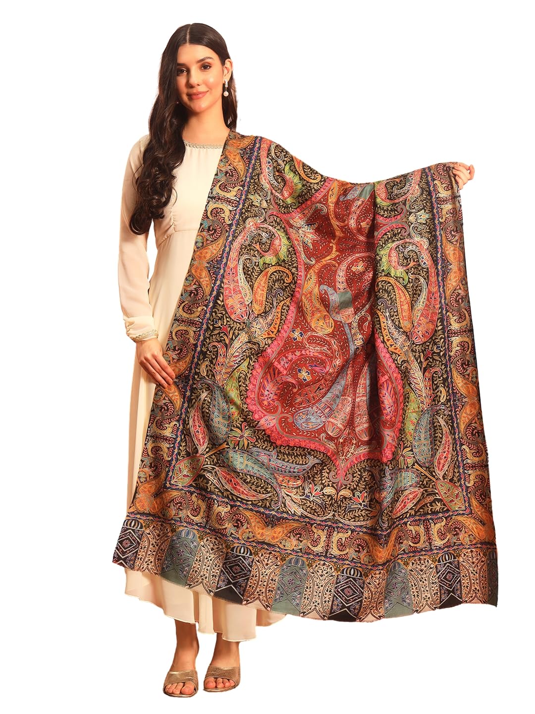 Pashmoda Women Daastaan Fine Wool Fabric Pashmina Kalamkari Embroidered Shawl (Size: 40x80in, 101x203cm) KAS15