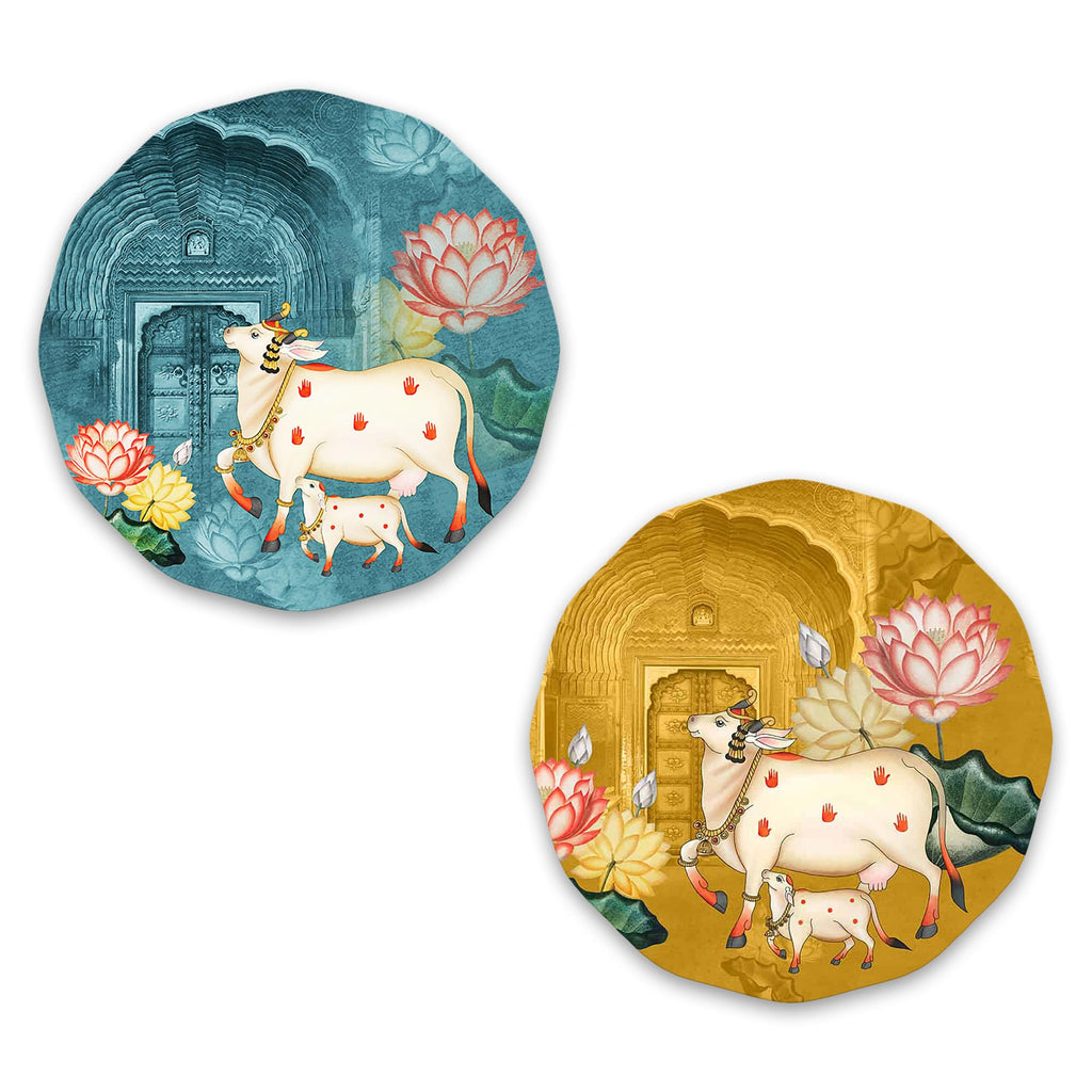 Artvibes Sacred Cow Pichwai Art Round Shape MDF Wooden Wall Decor Items | Living Room | Office | Handcrafted Art | Wall Accent | Artworks Hangings | Gift Items (WH_8813N), Set of 2