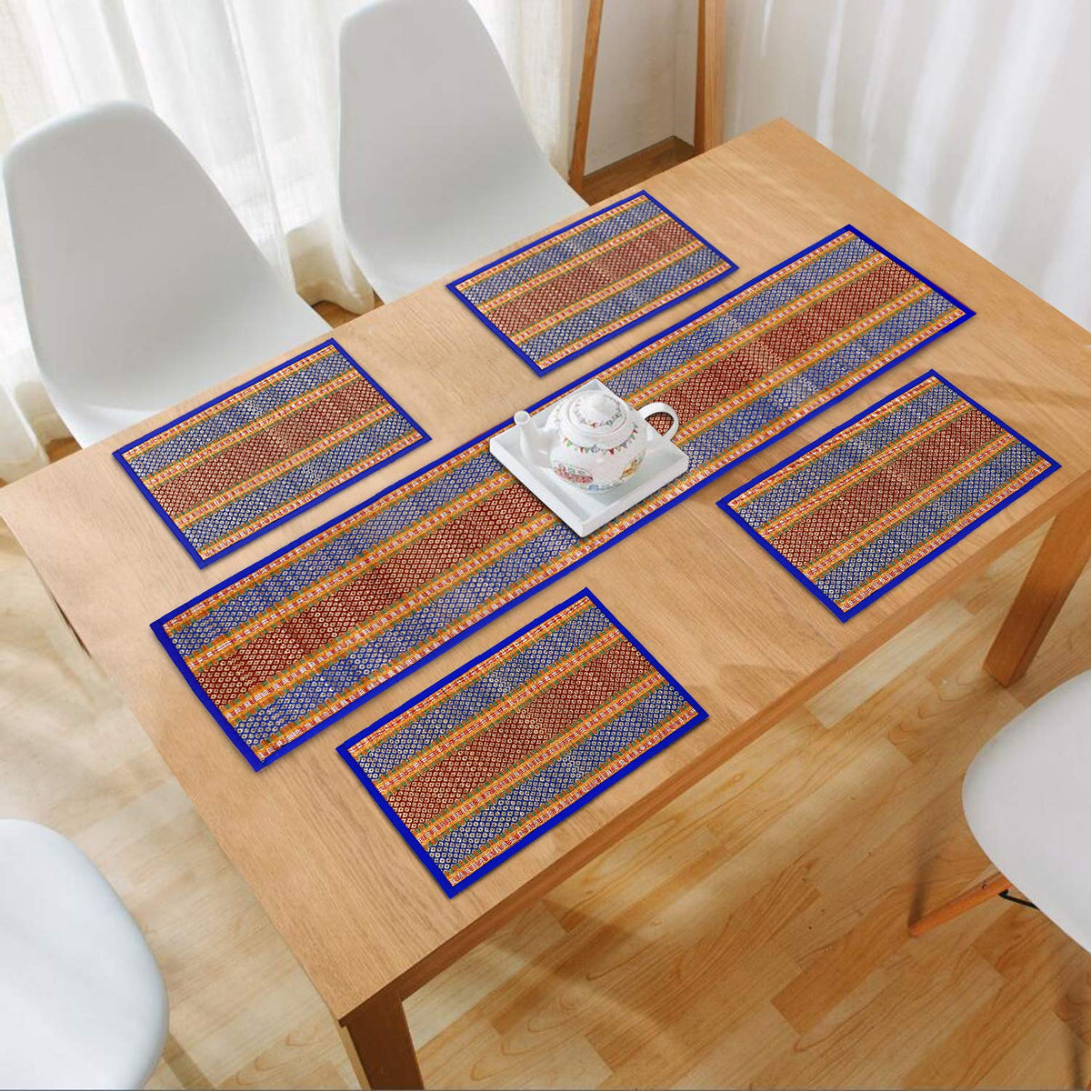 HOKIPO ® Natural River Grass Handcrafted Madurkathi Table Runner (Blue, 12x52 Inches) 4 Placemats Kafalo