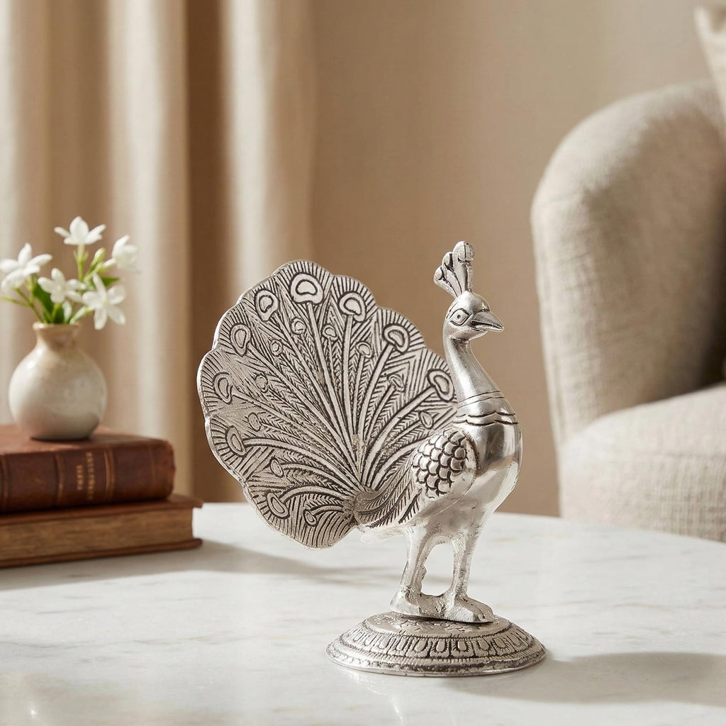 KridayKraft Peacock Metal Statue Idol Decorative Showpiece Feng Shui As Table Top Figurine for Living Room Bedroom Home Office Décor for Decoration & Gifting Purpose (Silver)