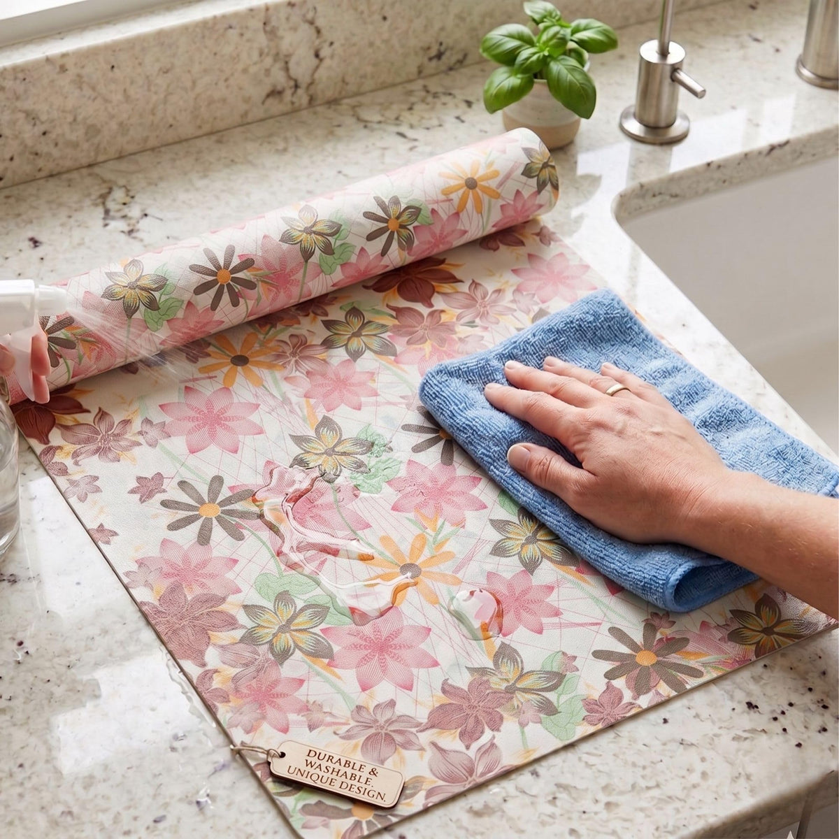 MUSHIES Premium Washable Placemat Roll (Pink Floral, 5 Metre x 17 Inch) | Multipurpose Kitchen Mat, Dining Table Mat, Fridge Mat, Wardrobe & Drawer Shelf Liner Kafalo