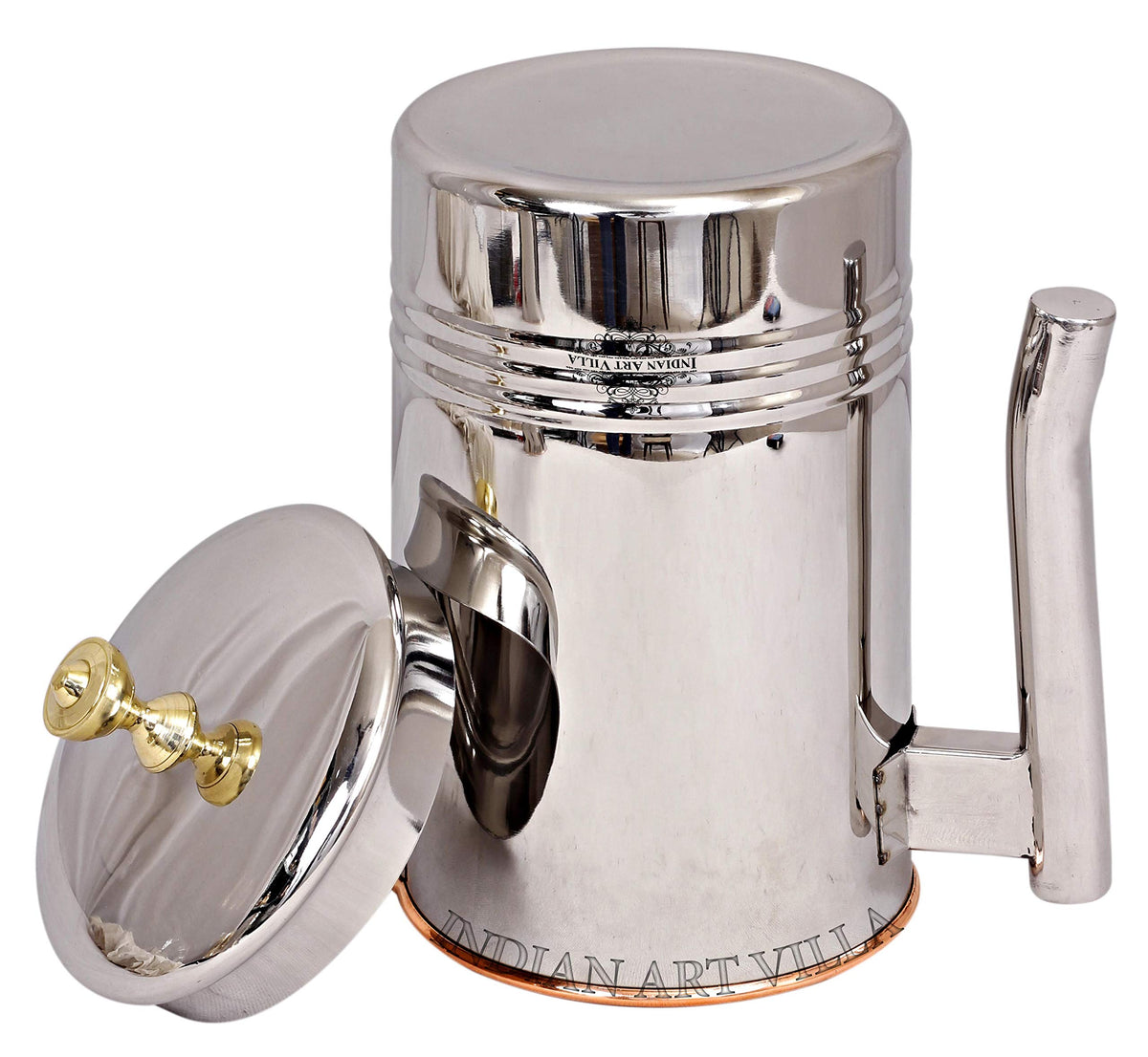 Indian Art Villa Steel Copper Jug Pitcher with Brass Knob, Serving Water Home Restaurant, 1500 ML