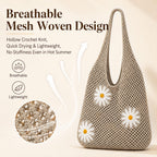 Cybersnc Tote Bag for Women Crochet Mesh Beach Shoulder Bag Khaki Knitted Summer Handbag with Flower Brooch Large Capacity Lightweight Casual Shopping Travel Shoulder Tote Bag for Women (Coffee Brown)