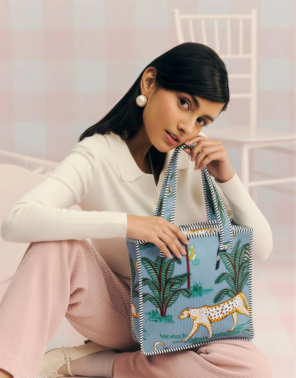 Cotton Quilted Tote Bag for Women, Jungle Print Handbag, Reusable Shoulder Bag with Dual Handles, Lightweight Travel Shopping Tote, Large Capacity Everyday Carry Bag - (Grey flower bag, 12×12 In)