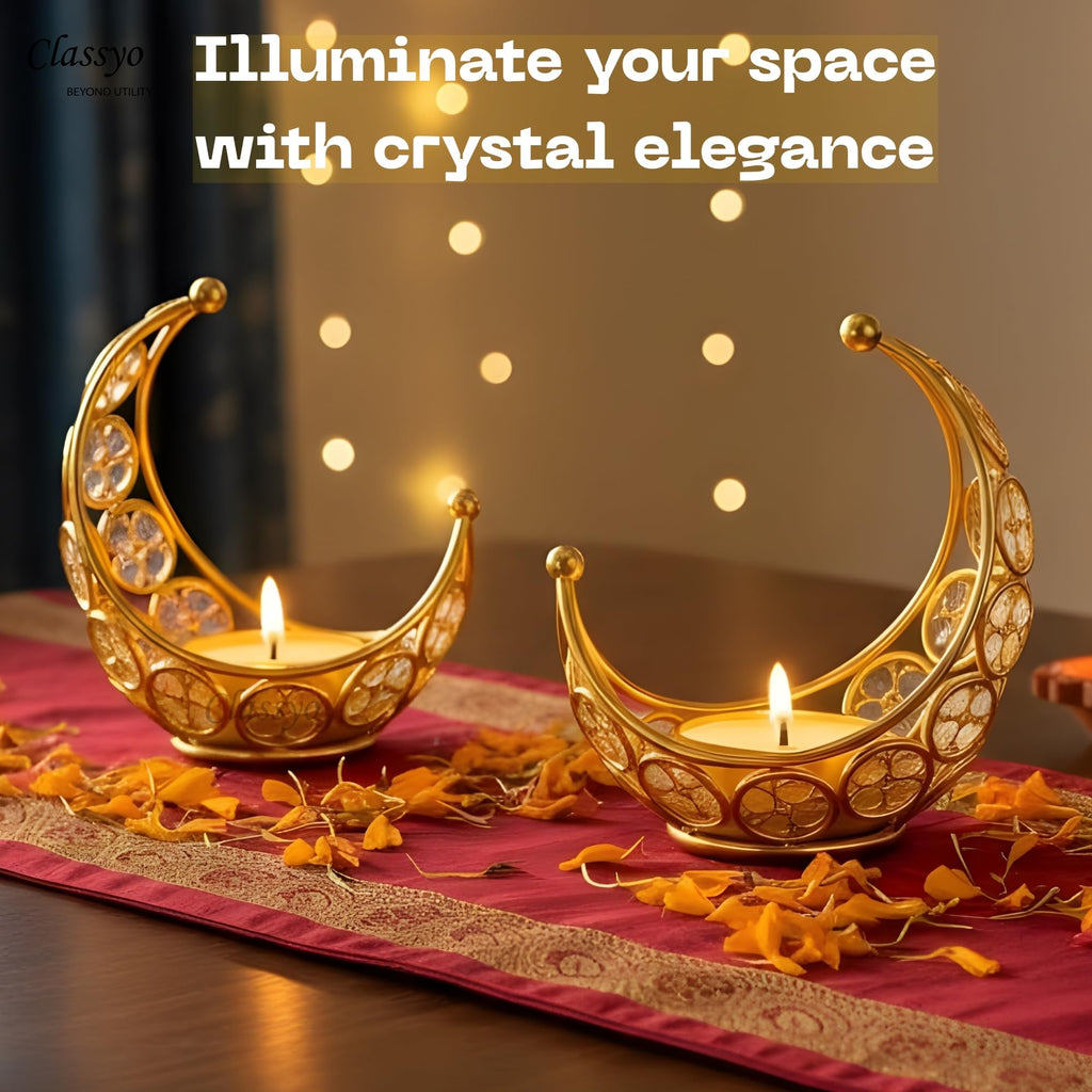 Classyo Moon Shaped Crystal Tea Light Candle Holders (Pack of 2) | Diwali Tealight Candle Holders | Metal Lantern | Tea Light Holders for Diwali, Pooja and Ramadan (Gold)