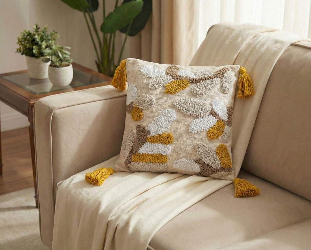 Furnistitchs Handmade Tufted Boho Cushion Covers 12x12 Inches | Embroidered Sofa Pillow Cases | Rustic Bohemian Decorative Throw Cushions for Couch Bedroom Living Room (1, Yellow Leaves)