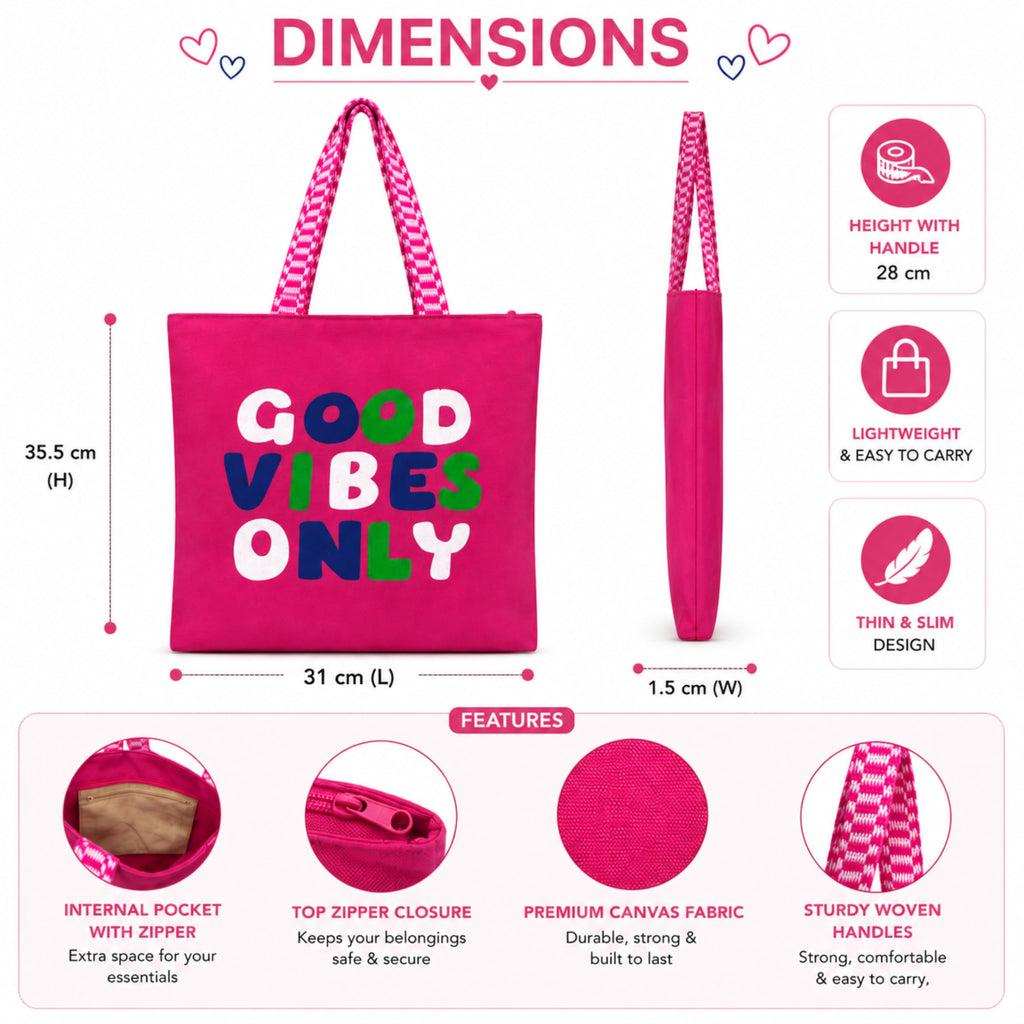 cantainoo Tote Bags | 300 GSM Canvas Tote Bag for Women | Tote Bags for Women | College, Shopping, Office & Everyday Carry Bag (Good vibes-pink, Medium Pack of 1)