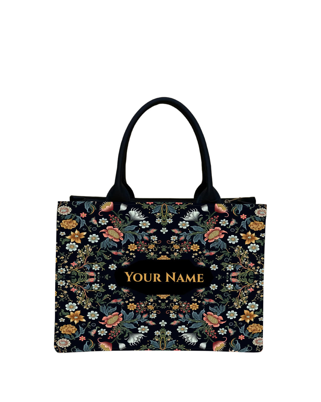 Royal Charm Voguish Customized Tote Bag | HD Printed Floral Black Tote | Personalized Name Tote | Large 16x11x5 Inch Shoulder Bag | Gift for Women