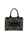 Royal Charm Voguish Customized Tote Bag | HD Printed Floral Black Tote | Personalized Name Tote | Large 16x11x5 Inch Shoulder Bag | Gift for Women