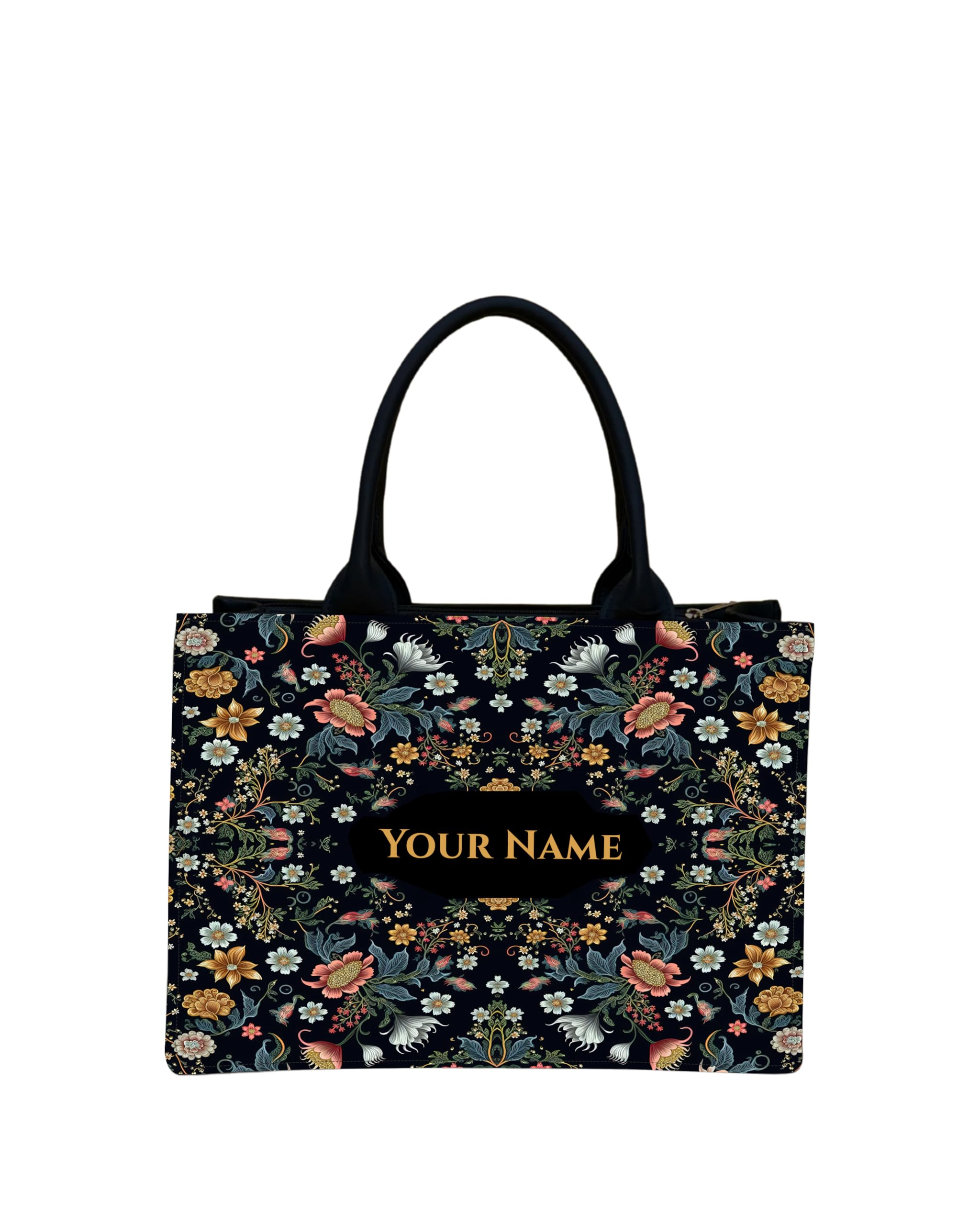 Royal Charm Voguish Customized Tote Bag | HD Printed Floral Black Tote | Personalized Name Tote | Large 16x11x5 Inch Shoulder Bag | Gift for Women