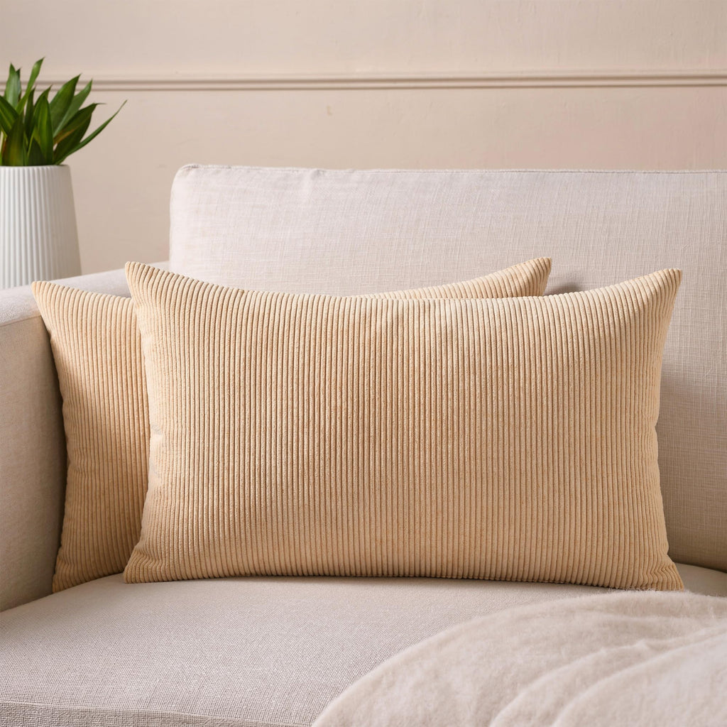 Encasa XO Corduroy Cushion Covers, No Inserts, Set of 2, Beige